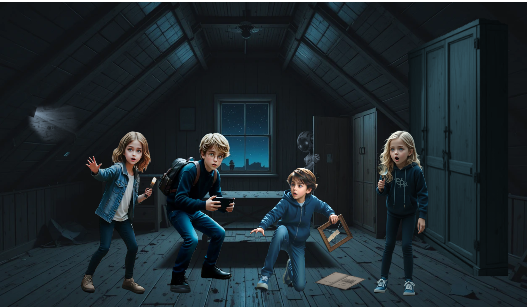 The Clue Crackers exploring a mysterious attic
