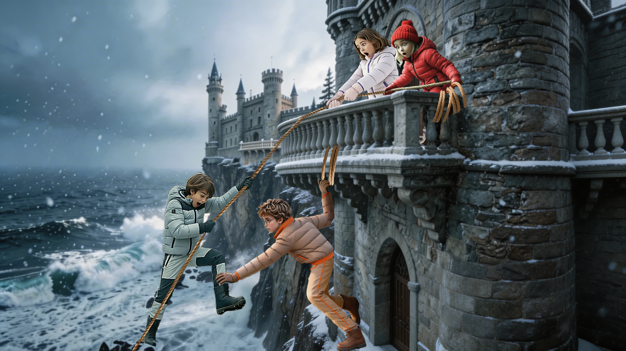 Mystery of Northaven Castle balcony rescue scene