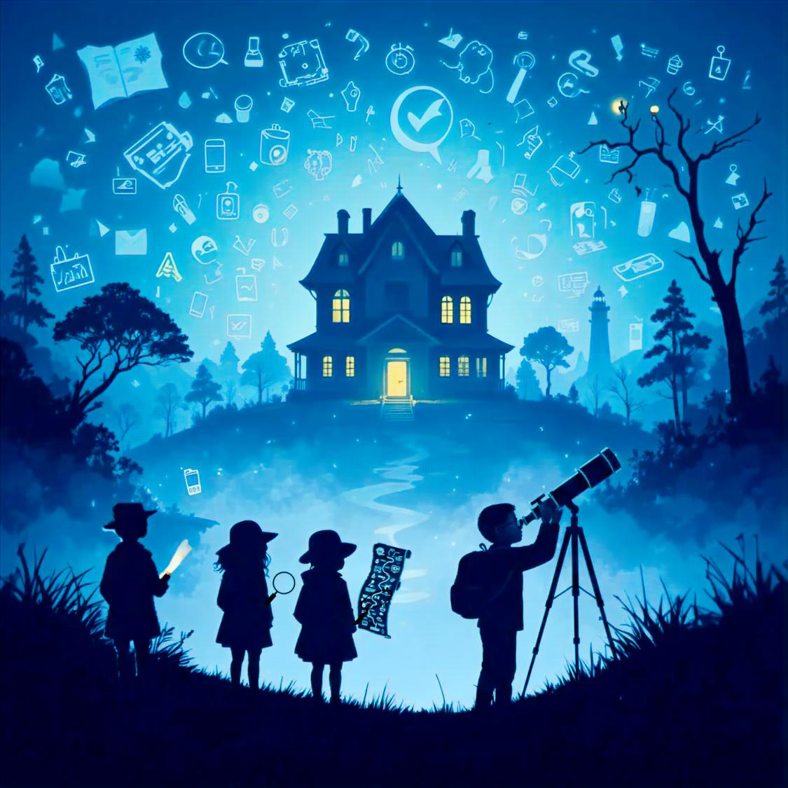 Clue Crackers children approaching a mysterious glowing house
